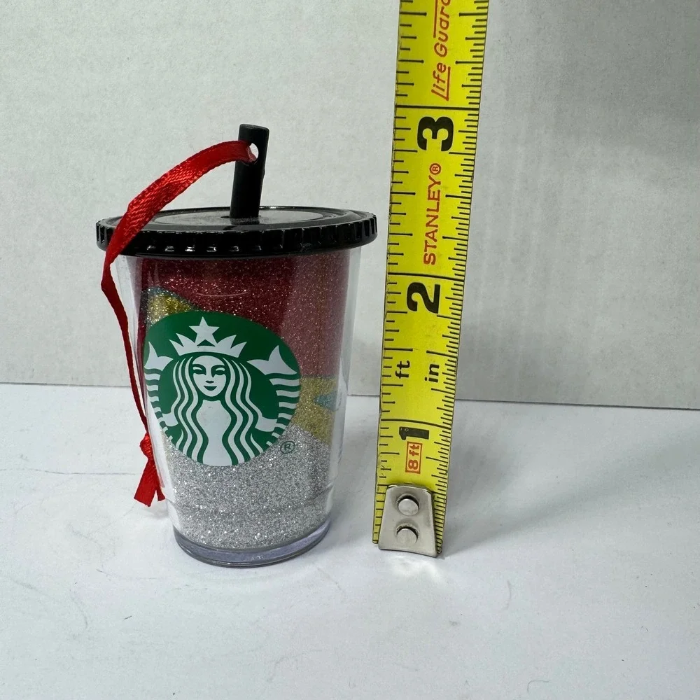 Starbucks 2012 Multi Color Glitter Cold Cup Christmas Ornament Red Ribbon Logo‎